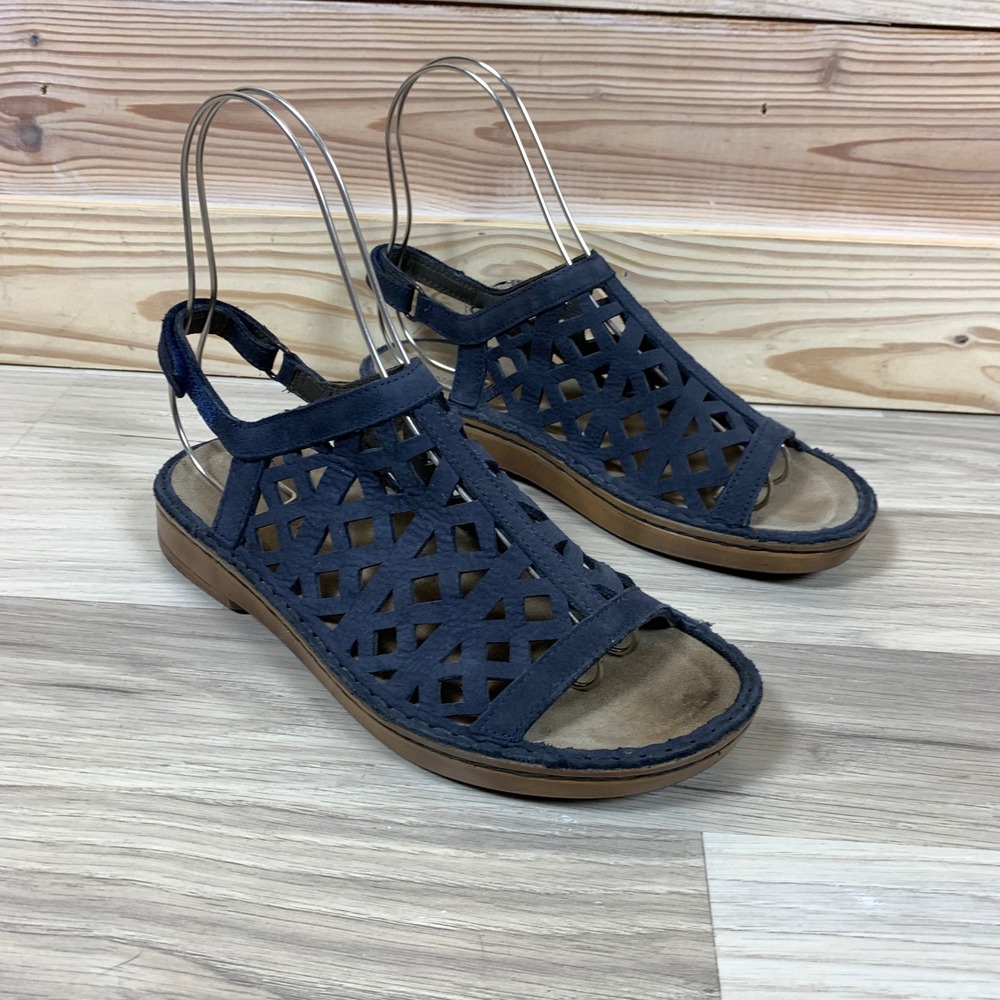 Naot Sandals Womens 38 Navy Blue Leather Lattice Cutout L'Amour Wedge Comfort